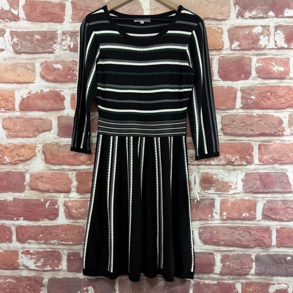 Sandra Darren Sweater Dress Womens M Black Multicolor Striped Casual Career Knit